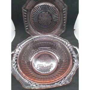 Jeanette Depression Pink Large serving bowl and plate chrerry blossom pattern